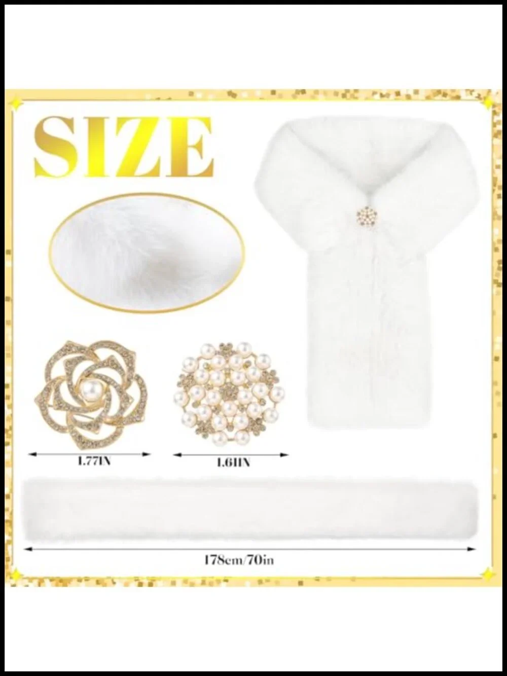Faux Fur Collar Scarf Wrap Women Long Shawl w/ 2 Brooches Wedding